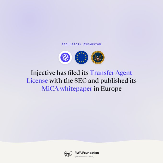 A light purple announcement graphic titled 'REGULATORY EXPANSION' stating 'Injective has filed its Transfer Agent License with the SEC and published its MiCA whitepaper in Europe,' featuring logos and an 'RWA Foundation' footer.