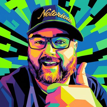 A pop art style portrait of a smiling bearded man wearing glasses and a black cap with "Notorious" written on it.