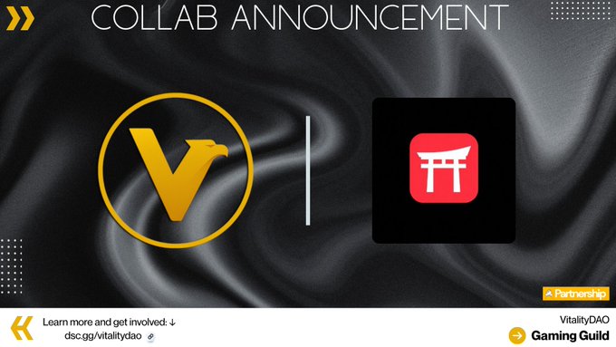 A collaboration announcement graphic featuring the golden Vitality DAO eagle logo and the red Gaming Guild torii gate logo on a dark satin background, linking their partnership.