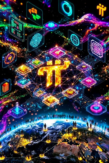 The image depicts a vibrant cosmic scene featuring a glowing "π" (Pi) symbol at the center, surrounded by floating holographic icons representing decentralized finance tools like charts, blockchain networks, and digital interfaces, with silhouetted figures standing on Earth below connected by a network of light. It visually reinforces the post's message that Pi Network is evolving from a held asset into a functional utility token, symbolizing the imminent arrival of its DeFi era with DEX and liquidity pools.