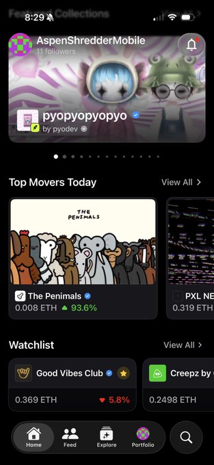 A screenshot of a mobile app displays 'AspenShredderMobile' profile and sections for 'Top Movers Today' and 'Watchlist' with NFT collections and ETH prices.