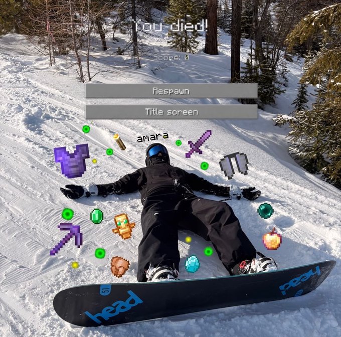 A snowboarder lies face-up in the snow with their "HEAD" branded snowboard across their body, while retro pixel-art Minecraft items (purple armor, diamond, emerald, gold tools) float around them and a game-over screen reads "You died! Score: 0" with "Respawn" and "Title screen" options, humorously framing the wipeout as a Minecraft death with the caption "bears rn:" suggesting bears meet similar fates in the wild.