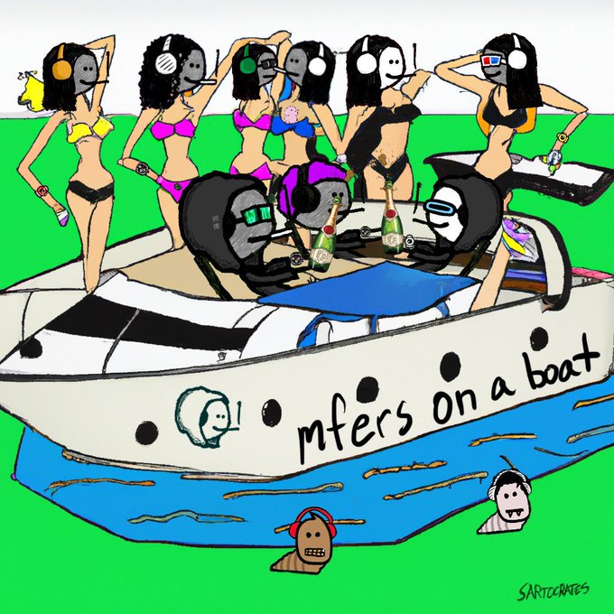 A hand-drawn cartoon illustration titled "mfers on a boat" depicts several mfer characters in bikinis and casual attire partying on a white boat on a green sea, with characters in the water wearing headphones.