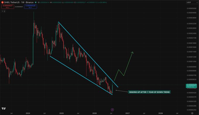 A weekly candlestick chart of SHIB/USDT on Binance shows a descending channel pattern that has persisted for roughly a year, with the annotation "WAKING UP AFTER 1 YEAR OF DOWN TREND" and a projected upward arrow suggesting a potential breakout from the current price near $0.0000063.