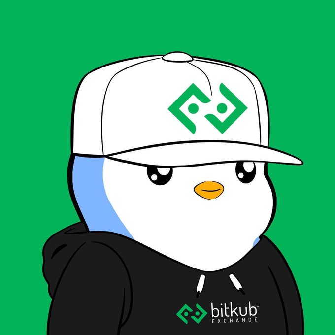 A cartoon penguin mascot wearing a white cap and black hoodie features the Bitkub Exchange logo, with the text "bitkub EXCHANGE" displayed on its chest against a green background—symbolizing brand loyalty behind the message "Believe in something."