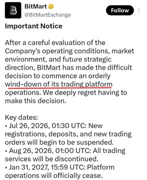 BitMart (@BitMartExchange) has announced an "Important Notice" to wind down its trading platform operations, with new registrations and deposits suspended on July 26, 2026, all trading services discontinued on Aug 26, 2026, and full platform shutdown by Jan 31, 2027.

The image supports the post's claim about another centralized exchange (CEX) shutting down amid a brutal bear cycle, reinforcing the call for users to withdraw their funds from the platform.
