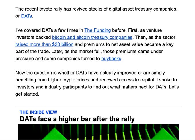 An article excerpt about cryptocurrency titled 'DATs face a higher bar after the rally,' discussing the recent crypto rally reviving stocks of digital asset treasury companies.