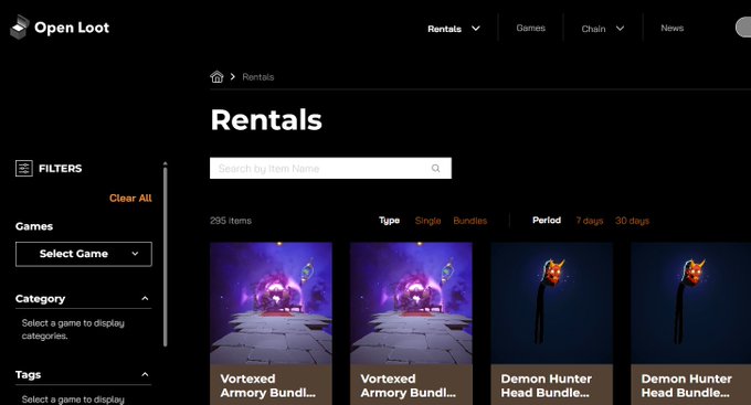 The image shows the Open Loot "Rentals" page displaying 295 items available for rent, including "Vortexed Armory Bundle" and "Demon Hunter Head Bundle" options with 7-day and 30-day rental periods. This directly illustrates the post's message by showcasing Open Loot's NFT rental marketplace feature, where users can rent digital gaming items to other players.