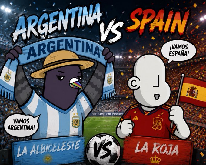 The image is a colorful cartoon-style illustration depicting a World Cup matchup between Argentina ("LA ALBICELESTE") and Spain ("LA ROJA"), featuring an enthusiastic Argentina fan holding a scarf and saying "VAMOS ARGENTINA!" alongside a Spanish fan waving a flag and cheering "¡VAMOS ESPAÑA!" The text "ARGENTINA VS SPAIN" and "ONE GAME, ONE PASSION" appears prominently, perfectly matching the post's anticipation of the matchup between the two teams with the hashtags #worldcup and NFT community tags.