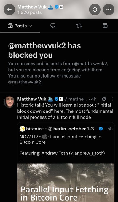 A screenshot of an Instagram profile page for "Matthew Vuk" (@matthewvuk2) showing that the user has blocked the viewer, with a post below mentioning a "historic talk" about Bitcoin's initial block download.