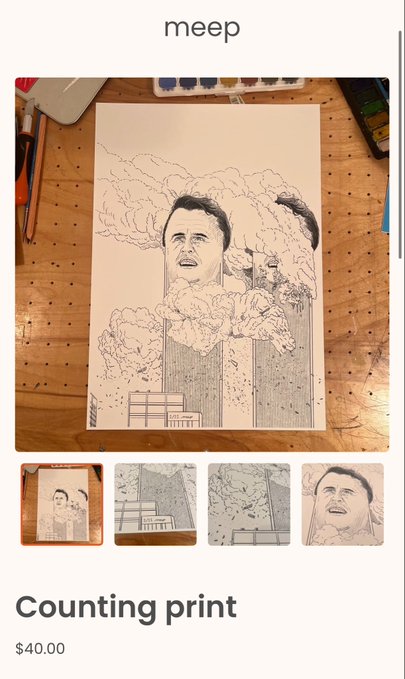 An online shop listing titled 'meep' shows an ink illustration titled 'Counting print' priced at $40.00, depicting a man's face among clouds and city buildings.