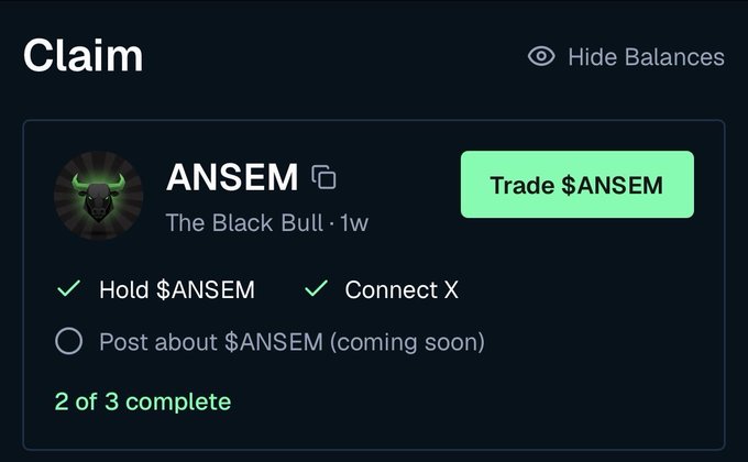 A "Claim" screen showing $ANSEM token requirements with 2 of 3 tasks complete (Hold $ANSEM and Connect X), alongside a green "Trade $ANSEM" button. The image relates to the post by highlighting the $ANSEM token and community engagement aspects of Ansem's Web3 marketing success.