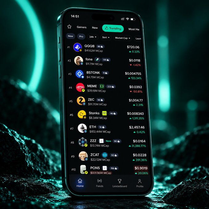 A smartphone displays Moby's "Trending" feed against a dark teal backdrop, listing the top 10 cryptocurrencies by market cap—including QQQB ($720.06), fone ($0.0118), BSTONK ($0.004755), MEME ($0.0392), ZEC ($1,004.77), Stonks ($0.008343), ETH ($2,457.46), ZZZ ($0.0164), ZCAT ($0.0228), and PONS ($0.9019)—with green percentage gains highlighting the biggest movers on the unified multi-chain screen.