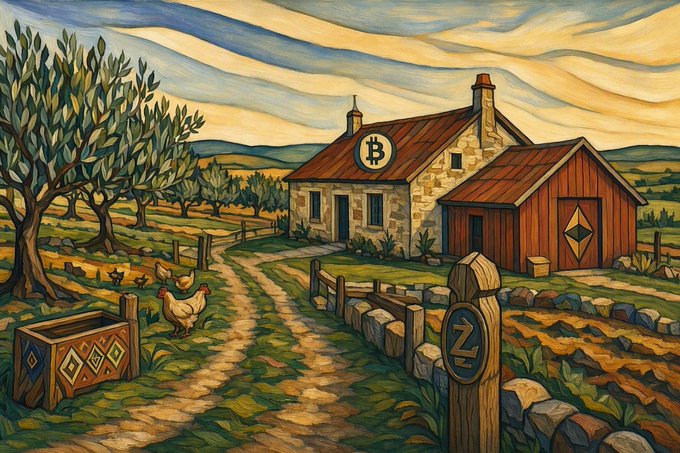 A stylized, painterly depiction of a rural farmstead with a stone house bearing a Bitcoin logo, a red barn with an Ethereum logo, chickens wandering near a chest with crypto symbols, and a wooden post marked with a Z symbol.