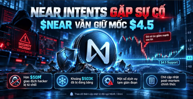 Vietnamese-language crypto news graphic about a security incident: 'NEAR Intents gặp sự cố, $NEAR vẫn giữ mốc $4.5,' reporting over $50M in hacker expenses, $503K frozen, and waiting for an official post-mortem update.