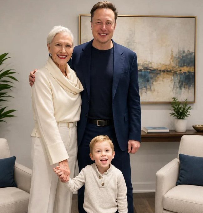 A family portrait showing a man in a dark blue suit, an older woman with white hair in cream attire, and a young boy in a cream sweater standing in a living room.
