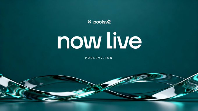 A teal-themed promotional graphic announces "poolsv2 now live" with the URL "POOLSV2.FUN" prominently displayed above an undulating glass-like wave design. The image visually reinforces the post's message that PoolsV2 has launched, offering features like token fee customization, continuous cycles, and locked liquidity.
