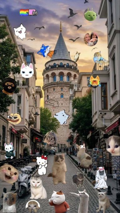A collage of popular internet cat memes and emojis scattered over a photo of Istanbul's Galata Tower, with the playful caption "super cycle loading" suggesting bullish anticipation in crypto markets, humorously implying the famous "this is fine" and other cat memes are awaiting the next major bull run.