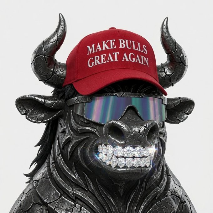 A muscular black bull with diamond-studded grillz and iridescent sunglasses wears a red "MAKE BULLS GREAT AGAIN" cap, perfectly matching the post's bullish hype as $TEB surges and catches the bulls' attention.