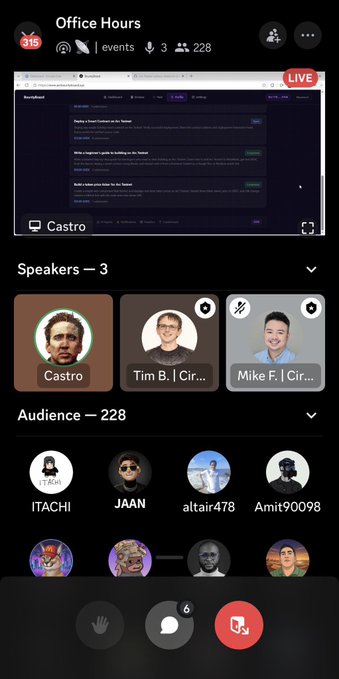 A screenshot of a live Twitter Space titled "Office Hours" with 228 audience members, featuring speakers Castro, Tim B., and Mike F., and audience members including ITACHI and JAAN.