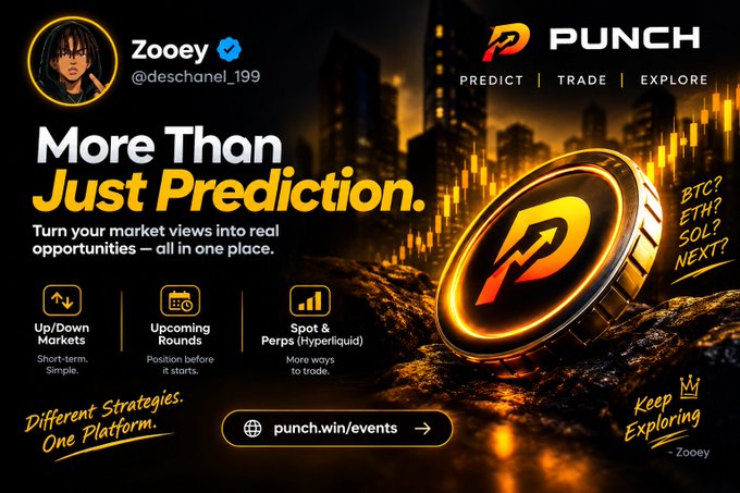 A promotional banner for a platform called 'PUNCH' featuring user 'Zooey' (@deschanel_199) with the tagline 'More Than Just Prediction.' and listing crypto tickers BTC?, ETH?, SOL?, and NEXT?.