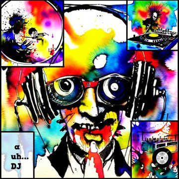 A colorful, stylized pop-art image featuring a DJ with glasses and headphones, surrounded by graphics of turntables, records, and splashes of vibrant colors.