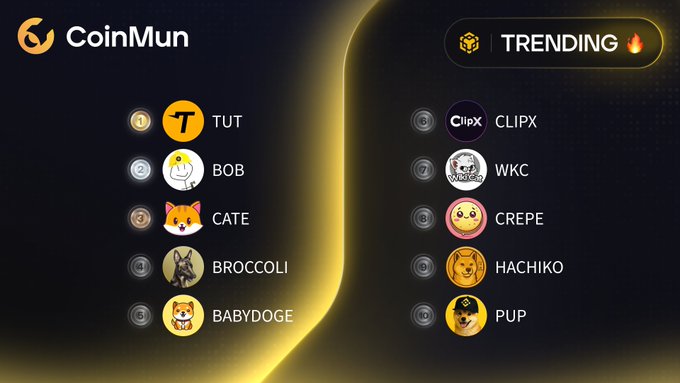 CoinMun's top 10 trending #Bsc coins, featuring TUT, BOB, CATE, BROCCOLI, BABYDOGE, CLIPX, WKC, CREPE, HACHIKO, and PUP.