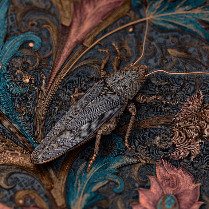 !!!THE DISCREET TRAVELER!!! In the darkness of night, a cockroach moves stealthily through the shadows, carrying with it the stories of sleeping cities. The insect's dark color contrasts sharply against the light blue background adorned with pink flowers and green leaves.