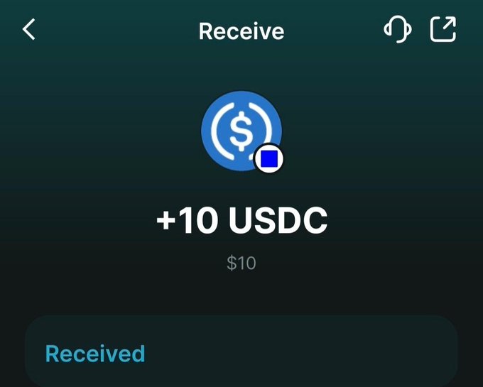 A crypto wallet 'Receive' screen showing +10 USDC ($10) has been received, with a USDC coin icon displayed.