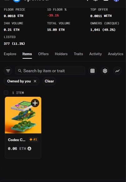 An NFT marketplace screen shows stats like 'FLOOR PRICE 0.0018 ETH' and an item titled 'Codex C...' priced at 0.06 ETH.