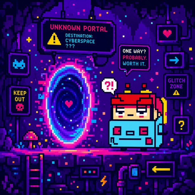 The image features a blue robot with red eyes standing next to a portal that has a sign saying "UNKNOW NOURTAL" above it, which could be interpreted as a mysterious or unknown portal. The robot appears to be curious about what is inside the portal and is possibly trying to figure out its purpose. The post also includes text such as "found a suspicious portal in the glitch zone no idea what it is entering immediately for science and decisions #solana #memecoin #web3 #crypto". This suggests that there might be some sort of portal or gateway related to science, technology, or even a virtual world. The robot's curiosity about this unknown portal could be an interesting aspect of the image as well.