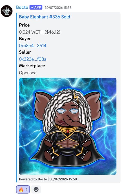 A screenshot from the Bocto app showing an NFT sale notification for 'Baby Elephant #336' with a price of 0.024 WETH ($46.12) on the Opensea marketplace, featuring an illustration of an elephant-like character with white dreadlocks wearing a dark robe with gold accents against a blue lightning background.