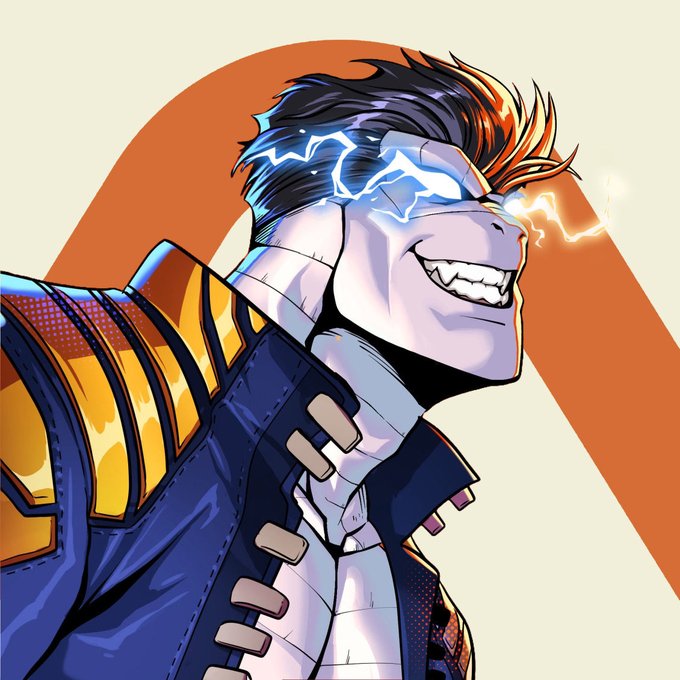 A comic-style illustration of a grinning man with glowing blue and orange lightning emanating from his eyes, wearing a blue and yellow jacket.