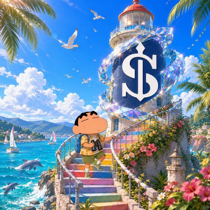 Anime-style illustration featuring Shin-chan standing on rainbow-colored stairs next to a lighthouse, with a large diamond-shaped crypto logo floating in the sky above a tropical coastal scene.