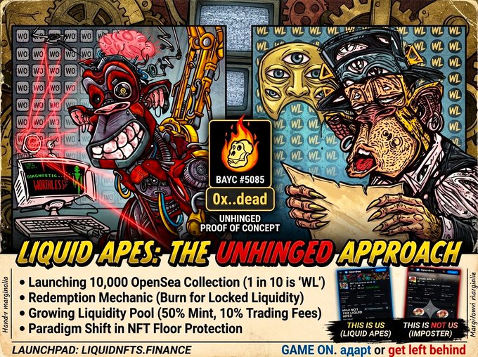 The image is a vibrant promotional graphic for "Liquid Apes: The Unhinged Approach," a crypto/NFT project (BAYC #5085) announcing a 10,000-piece OpenSea Collection launchpad with a 50% liquidity pool and no locked liquidity, featuring an animated ape and a chimp reading a document. The post celebrates that someone named @harvemannn ("harv") correctly identified the "WL" (whitelist) pattern shown repeatedly in the image's background, signaling they understood the meme and promotion.