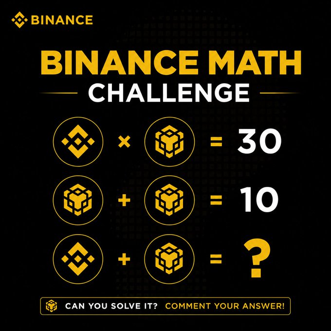 A Binance-branded "Math Challenge" graphic presents three equations using Binance's BNB coin logo and cube icon: BNB × Cube = 30, Cube + Cube = 10, and BNB + Cube = ?, inviting viewers to solve the puzzle and comment their answer.