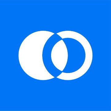 A blue square graphic displays a white abstract overlapping-circle or double-loop logo in the center.