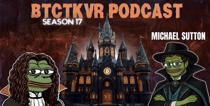 Promotional graphic for the "BTCTKVR Podcast Season 17" featuring Pepe the Frog characters styled as vampire hunters against a gothic castle backdrop, with one labeled "Michael Sutton," illustrating the host's amazement at fans creating graphics featuring the guests they want to see on the show.