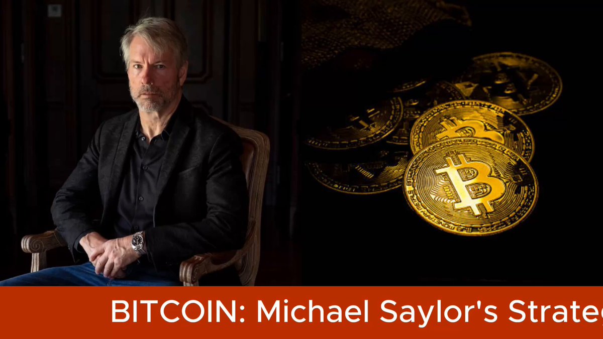 The image features a man sitting in a chair with a stack of Bitcoins next to him. The text above the image reads "BITCOIN: Michael Saylor's Stratge", which suggests that this image might be related to Bitcoin trading or investment strategies by the man featured in the photo.