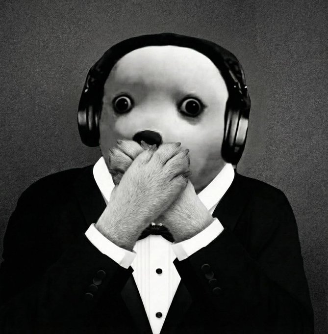 The image features a dog wearing headphones, dressed up as a man with a tuxedo, giving off an air of sophistication or elegance. The caption reads "Yes I have secured VC funding for it will announce soon $LMAO!". This suggests that the photo has been taken to promote a product or service related to the theme of the image, possibly related to headphones or fashion accessories designed for dogs.