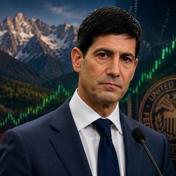 A man in a dark blue suit and tie speaks at a microphone, with a background showing mountains, a financial chart, and a seal partially reading 'UNITED'.