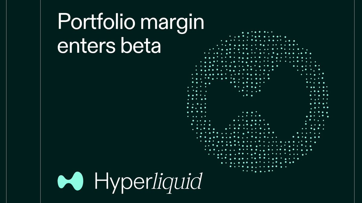 The image is a picture of a black background with an abstract blue circle surrounded by smaller circles, along with a small green border. The text displayed below reads "Portfolio Margin enters beta Hyperliquid", which might be referring to the company's development or testing process for the new feature on their website. It suggests that Hyper Liquid has recently introduced this functionality, and it is in its early stages of implementation before being made available to all users.