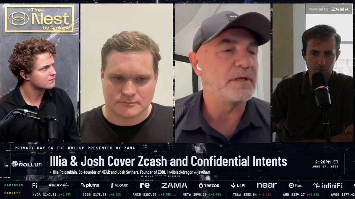 The image features four men with different appearances, all wearing hats, sitting behind microphones as they appear to be participating in an interview or discussion about cryptocurrency. The background of the image shows a banner that reads "The Nest" and "Focus on what is in the image".