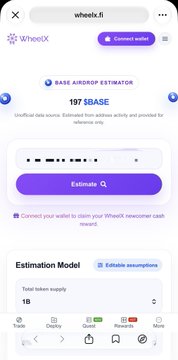 A mobile screenshot of the WheelX app showing a "BASE AIRDROP ESTIMATOR" with an estimated value of "197 $BASE" and an input field for addresses.