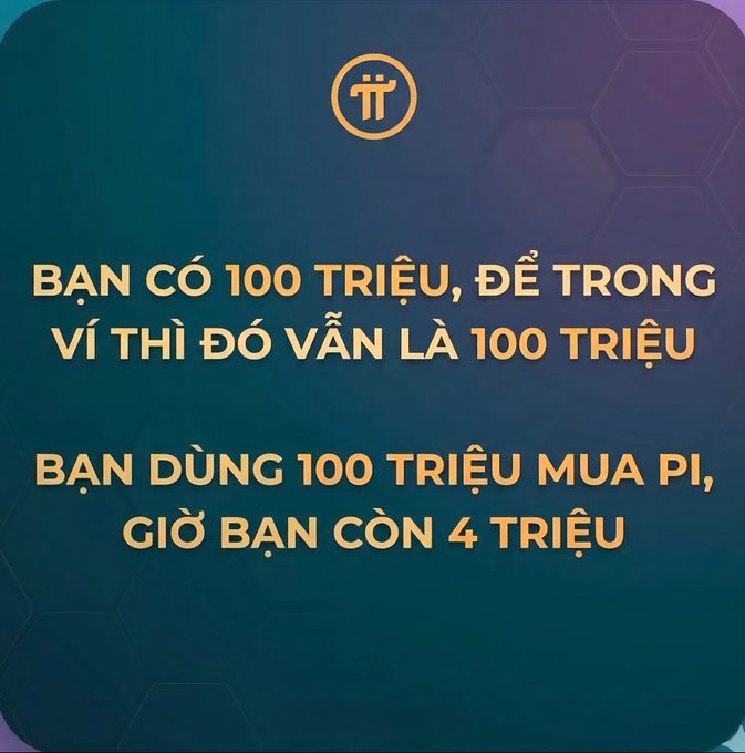 A Pi Network graphic features the message: "BẠN CÓ 100 TRIỆU, ĐỂ TRONG VÍ THÌ ĐÓ VẪN LÀ 100 TRIỆU / BẠN DÙNG 100 TRIỆU MUA PI, GIỜ BẠN CÒN 4 TRIỆU" ("You have 100 million, keep it in your wallet and it's still 100 million / You use 100 million to buy Pi, now you only have 4 million"). The image humorously illustrates the post's lament about Pi Network holders regretting spending money on Pi cryptocurrency, only to see their investment plummet from 100 million to just 4 million.
