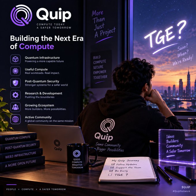 A promotional graphic for 'Quip' titled 'Building the Next Era of Compute,' featuring a person at a desk with a Quip-branded laptop and mug, with a checklist including 'TGE?' and notes about quantum infrastructure, post-quantum security, and a '@QuipNetwork' handle.