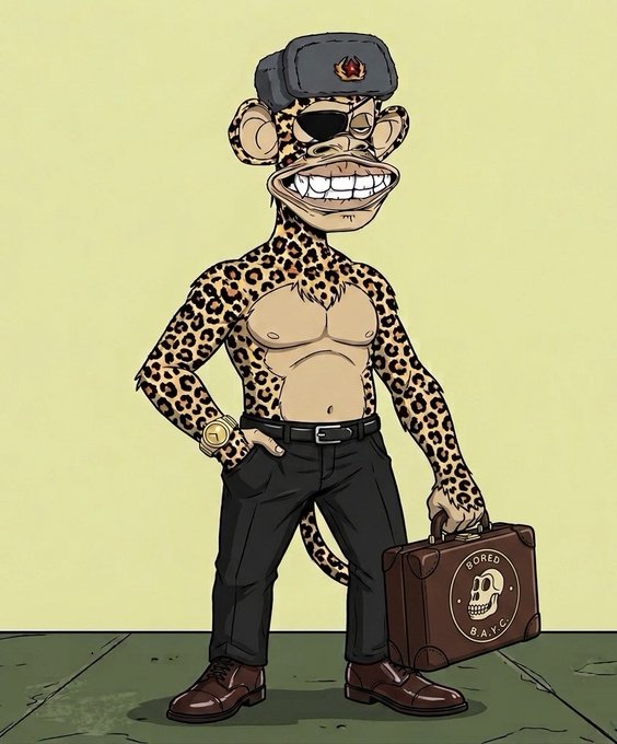 The image features a cartoon monkey wearing glasses and a hat with a skull design, holding a suitcase and standing next to a wall. The caption of the image reads "fellow @BoredApeYC collectors. after successfully acquiring my cheetah ape, my focus now shifts to working to find the right cheetah for a good friend of mine. if you believe you have a cheetah fur ape that is a nice pfp worthy ape, let hunt". The image seems to be related to the post about collecting cheetahs and possibly discussing their fur or other aspects of these animals.