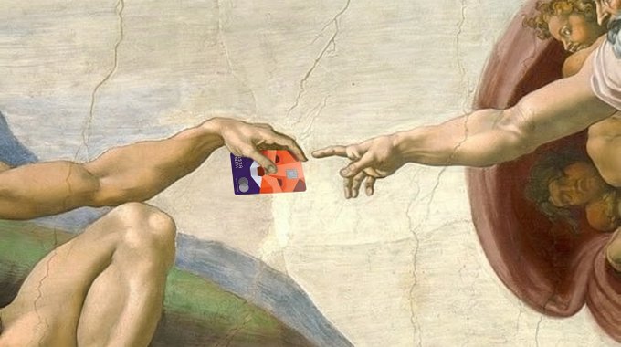 The image is a humorous edit of Michelangelo's "The Creation of Adam" fresco, where God's hand passes a credit card to Adam, visually representing the divine origin or instant creation of money through modern financial means. A small "500" is visible on the card, likely indicating a credit limit or currency amount.
