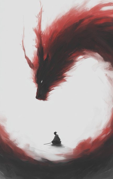 A small lone figure with a sword sits in a vast white void, gazing up at a massive, menacing red nine-tailed fox demon looming above. The artwork visually embodies the post's "9tailed4x" persona, depicting the user as a fearless warrior confronting a powerful beast, fitting the crypto trading vibe of the message.