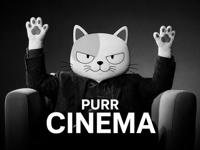 A cat-headed figure with raised paw-gloved hands sits in a chair with the text "PURR CINEMA" displayed below, visually reinforcing the post's "cat keeps purring" message about purchasing 1.6% of the token supply with 1 ETH for the project treasury.